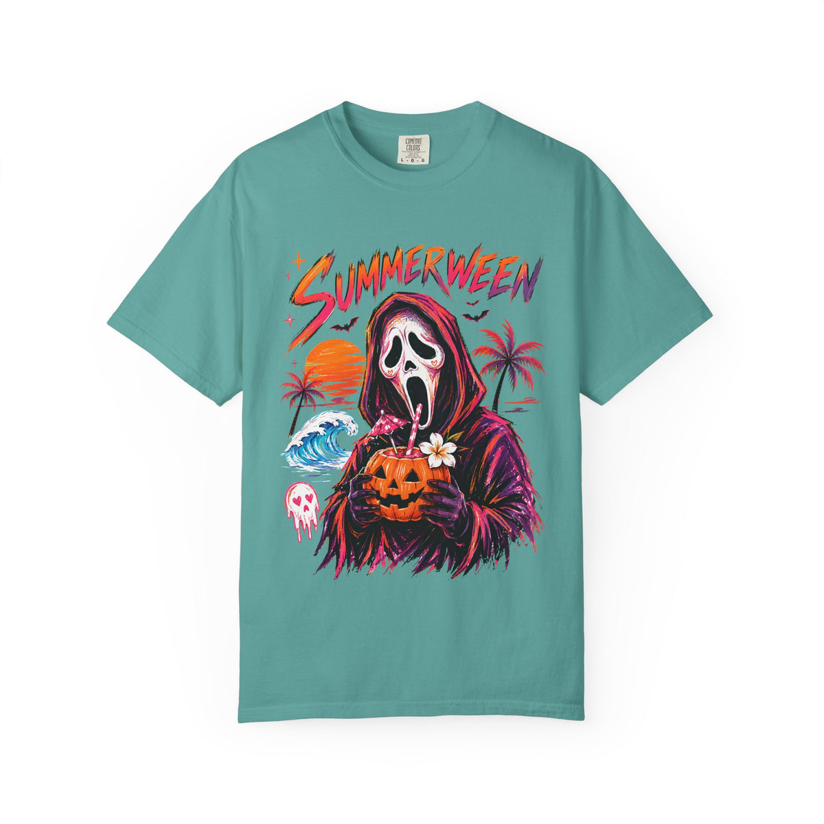 Summerween T-Shirt — Retro Horror Scream Mask Pumpkin Tee