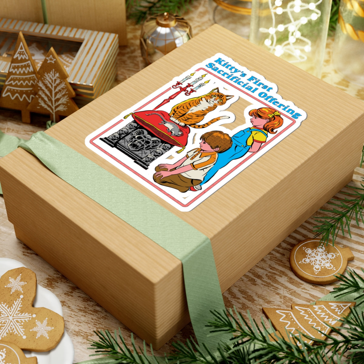 Kiss-Cut Sticker — "Kitty's First Sacrificial Offering" Retro Horror Cat Illustration