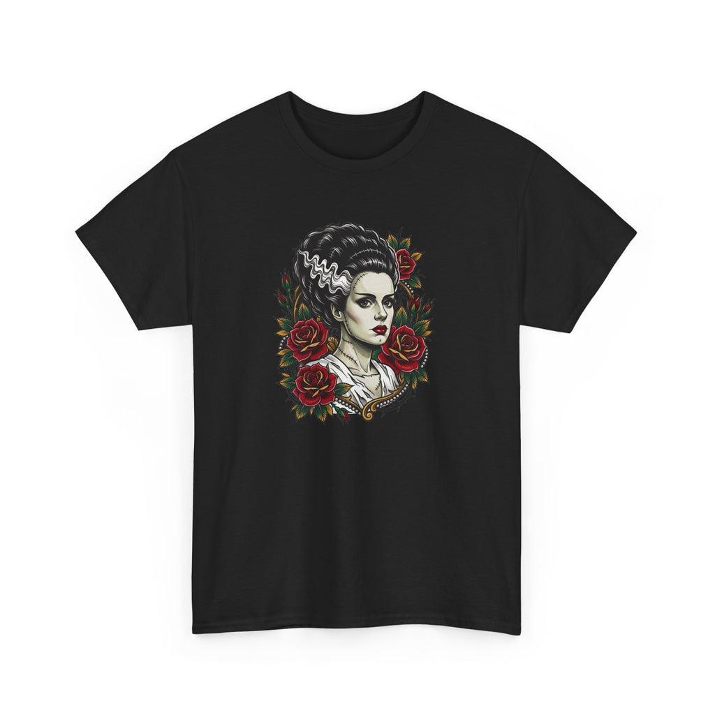Bride of Frankenstein Tee — Gothic Portrait with Red Roses