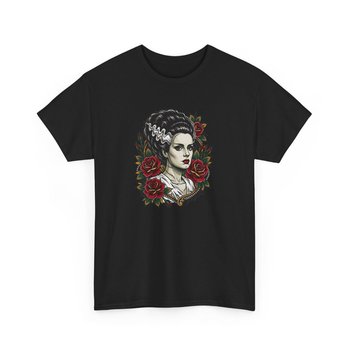 Bride of Frankenstein Tee — Gothic Portrait with Red Roses