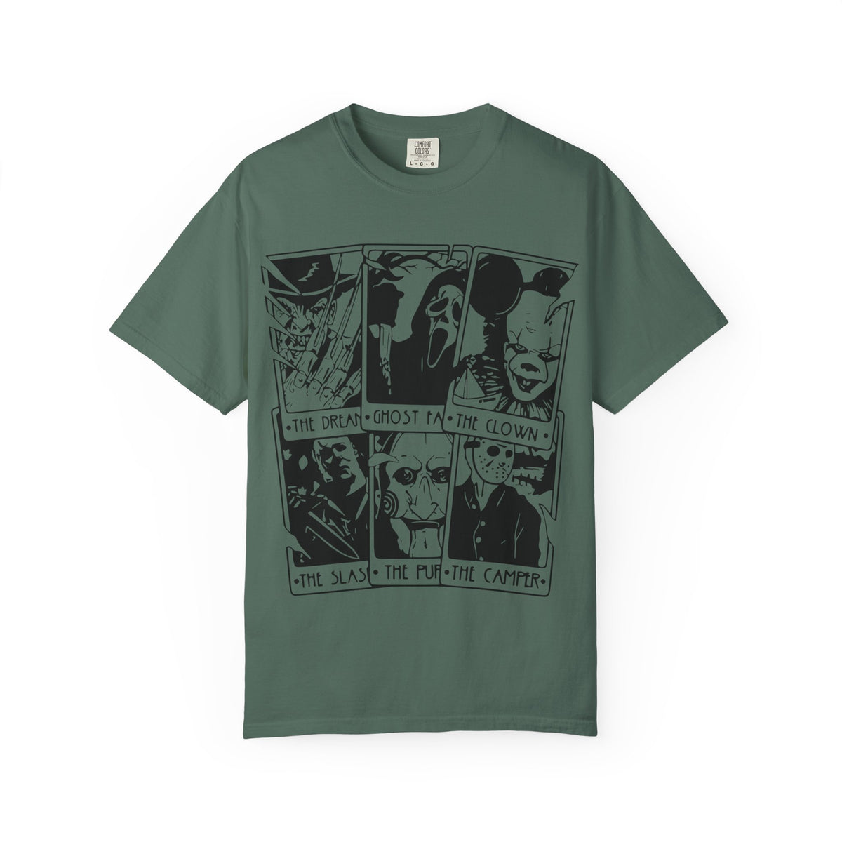 Horror Comic Panel T-Shirt — "The Dream, Ghost, Clown, Slasher, Puppet, Camper" Graphic Tee