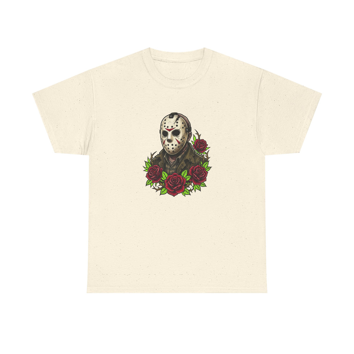 Horror Mask & Roses Tee — Jason-Inspired Skull Mask Graphic T-Shirt for Horror Fans