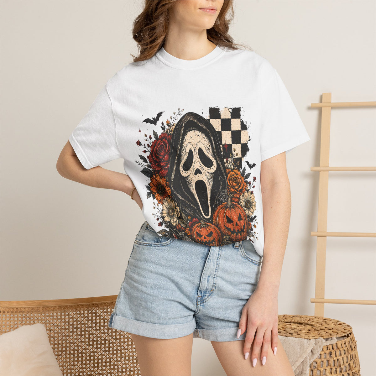 Scream Mask Halloween T‑Shirt — Vintage Pumpkin & Floral Horror Tee
