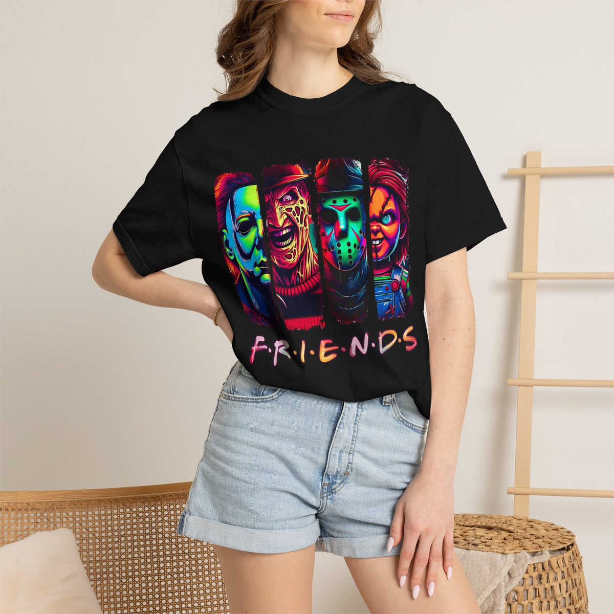 Horror Icons "F.R.I.E.N.D.S" T-Shirt — Neon Slasher Movie Crew Tee