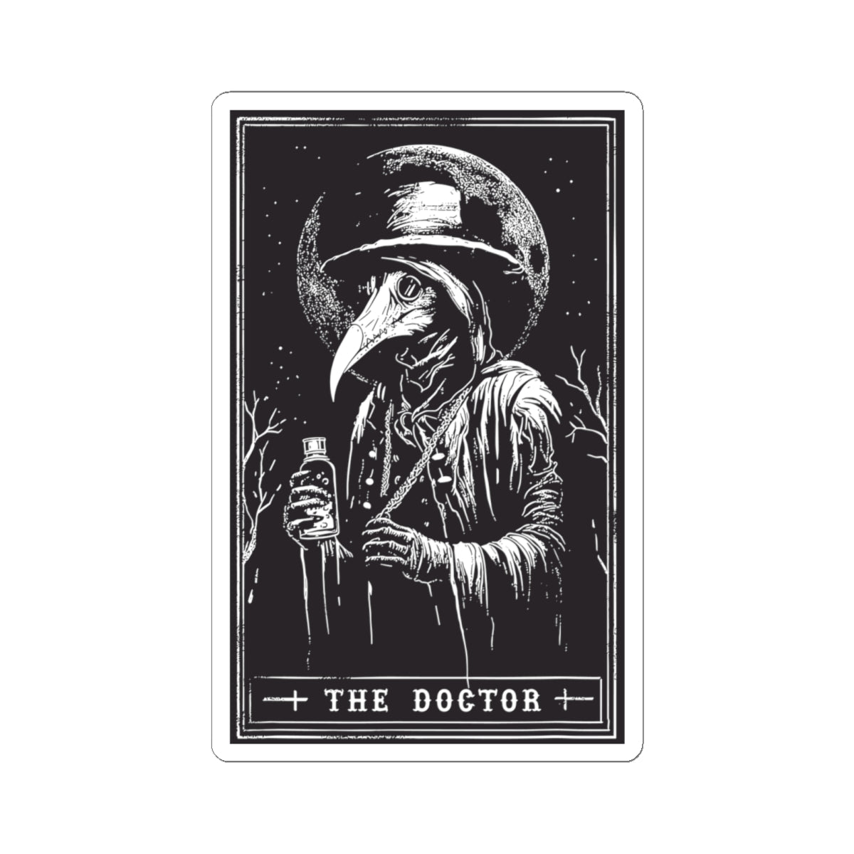 Plague Doctor Tarot-Style Kiss-Cut Sticker — Gothic Vintage Illustration