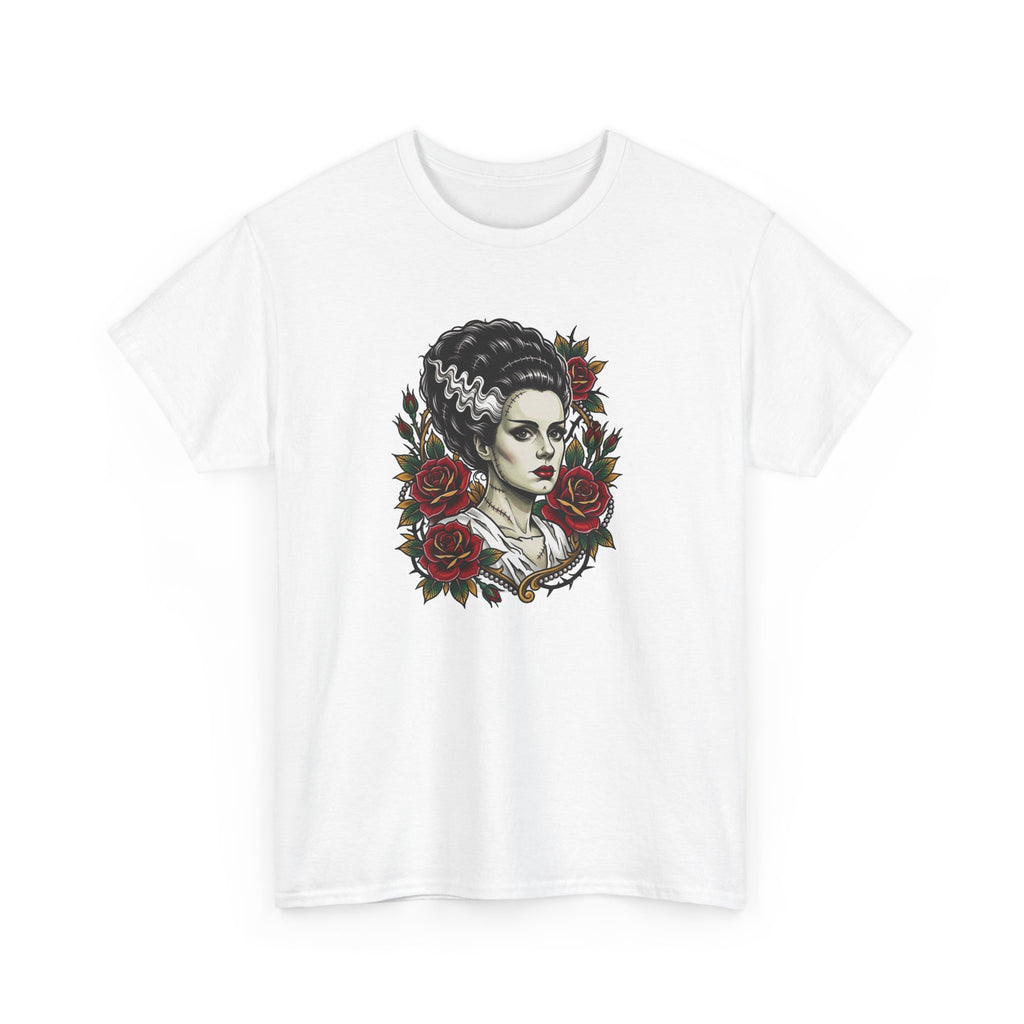 Bride of Frankenstein Tee — Gothic Portrait with Red Roses