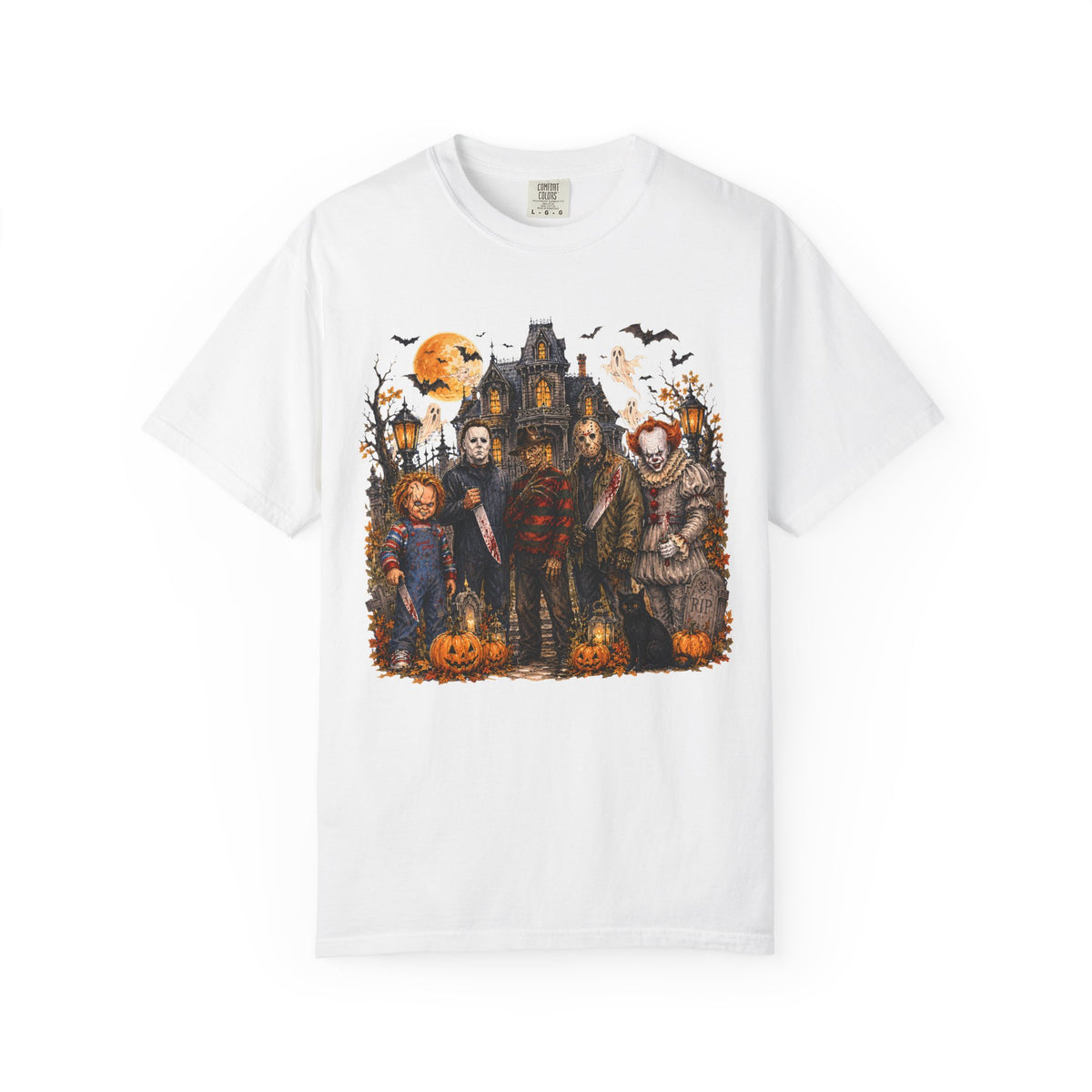 Horror Icons Halloween T-Shirt — Scary Movie Characters Haunted House Design