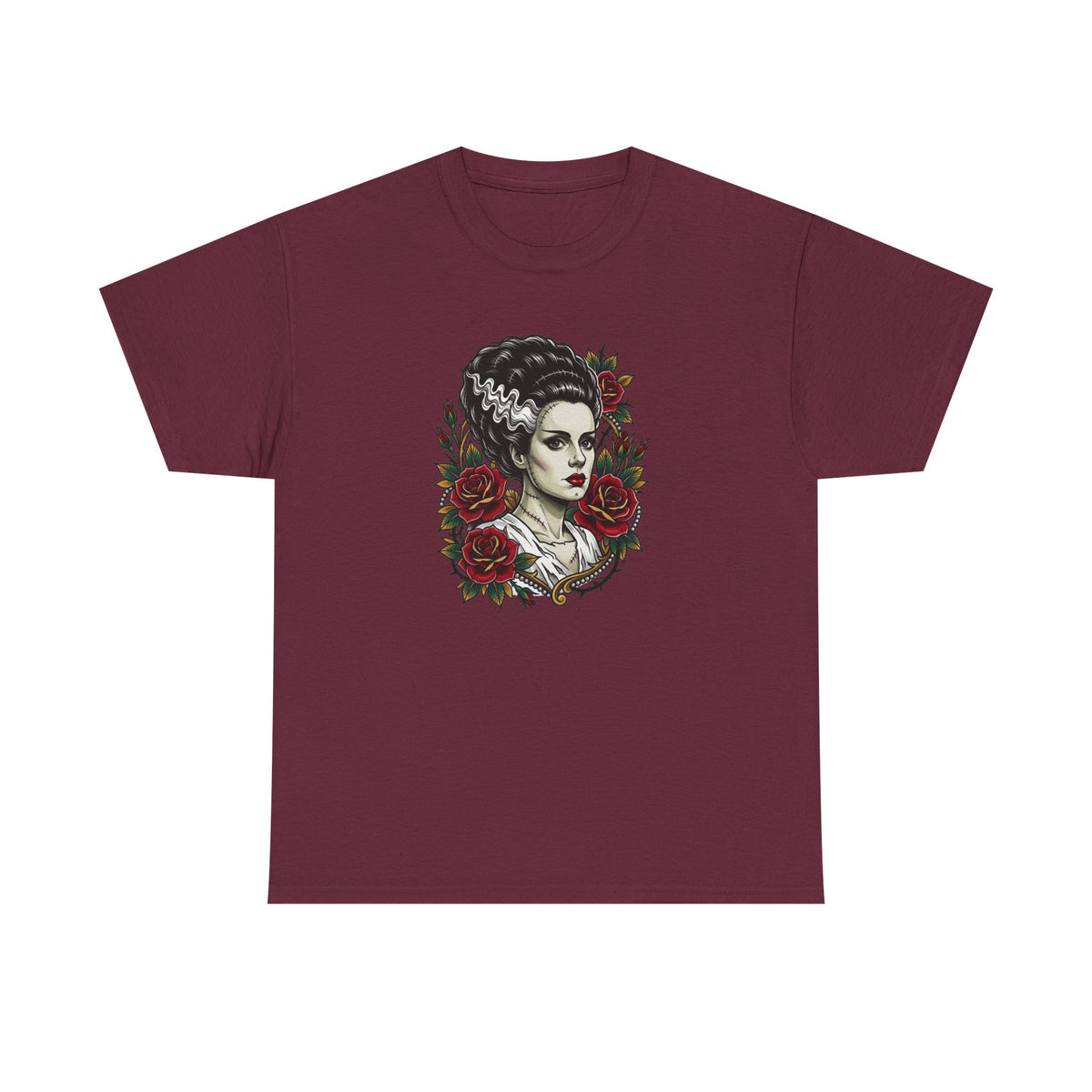 Bride of Frankenstein Tee — Gothic Portrait with Red Roses