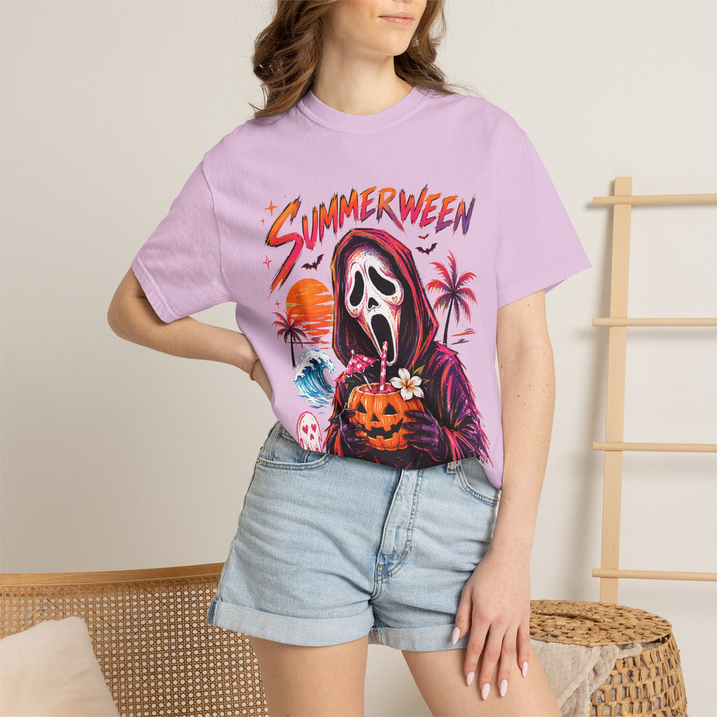 Summerween T-Shirt — Retro Horror Scream Mask Pumpkin Tee
