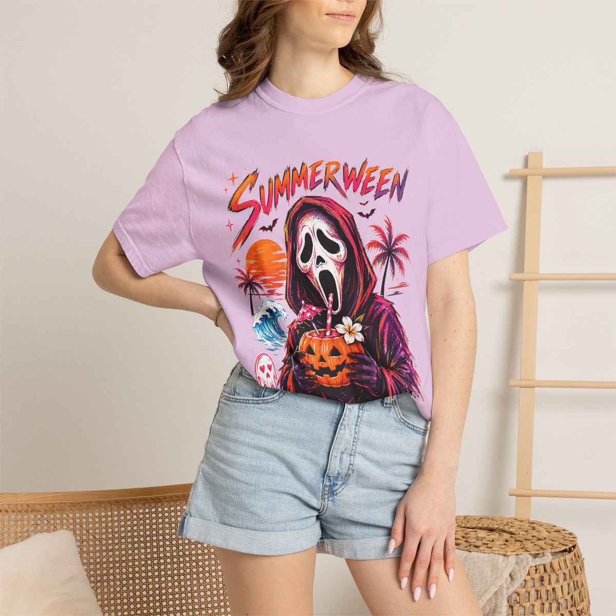 Summerween T-Shirt — Retro Horror Scream Mask Pumpkin Tee