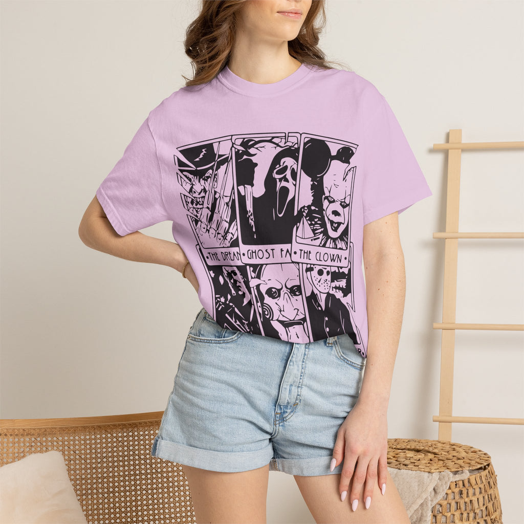 Horror Comic Panel T-Shirt — "The Dream, Ghost, Clown, Slasher, Puppet, Camper" Graphic Tee