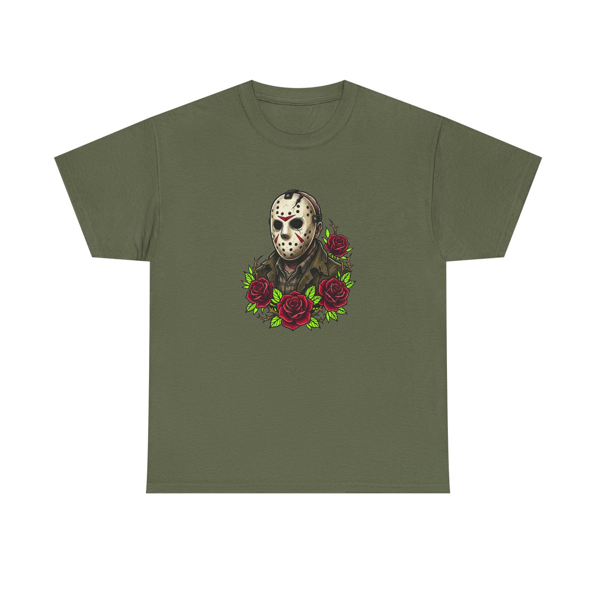 Horror Mask & Roses Tee — Jason-Inspired Skull Mask Graphic T-Shirt for Horror Fans