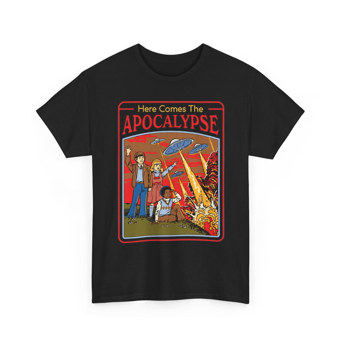 Apocalypse Comic Tee — "Here Comes The Apocalypse" Retro UFO Graphic Shirt