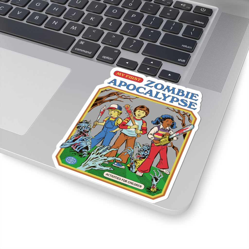 Kiss-Cut StickersProduct Type: StickerTitle: “My First Zombie Apocalypse” Kiss-Cut Sticker — Retro Kids’ Horror Book Cover Design