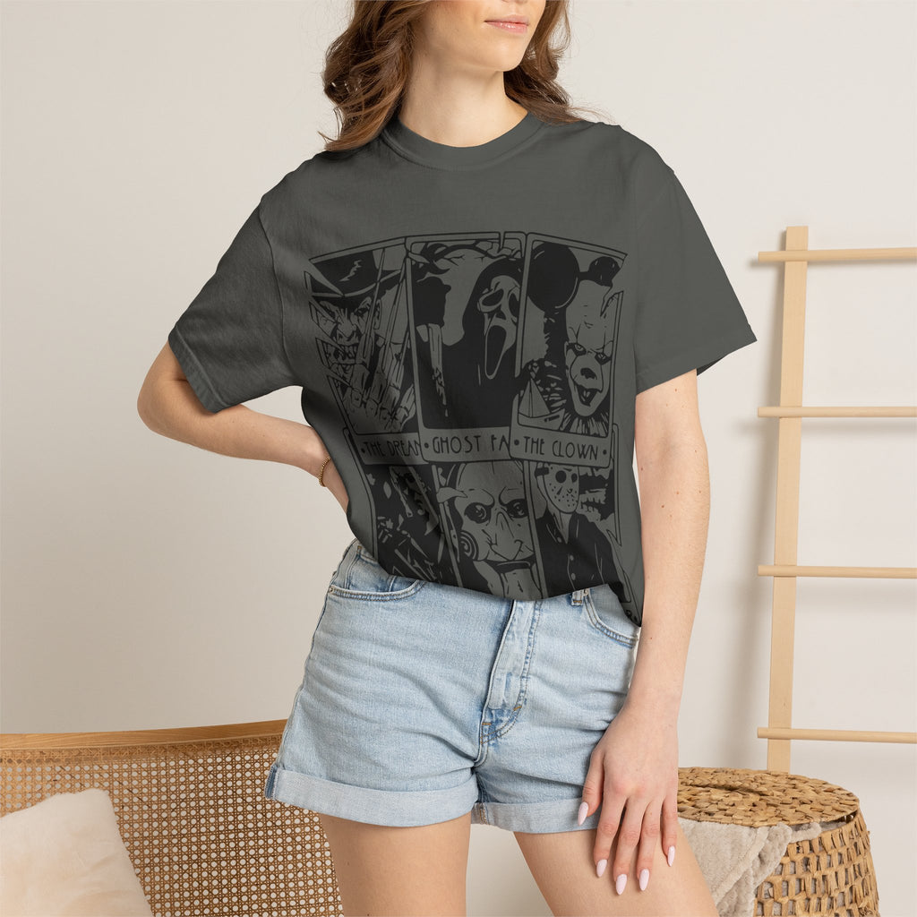 Horror Comic Panel T-Shirt — "The Dream, Ghost, Clown, Slasher, Puppet, Camper" Graphic Tee