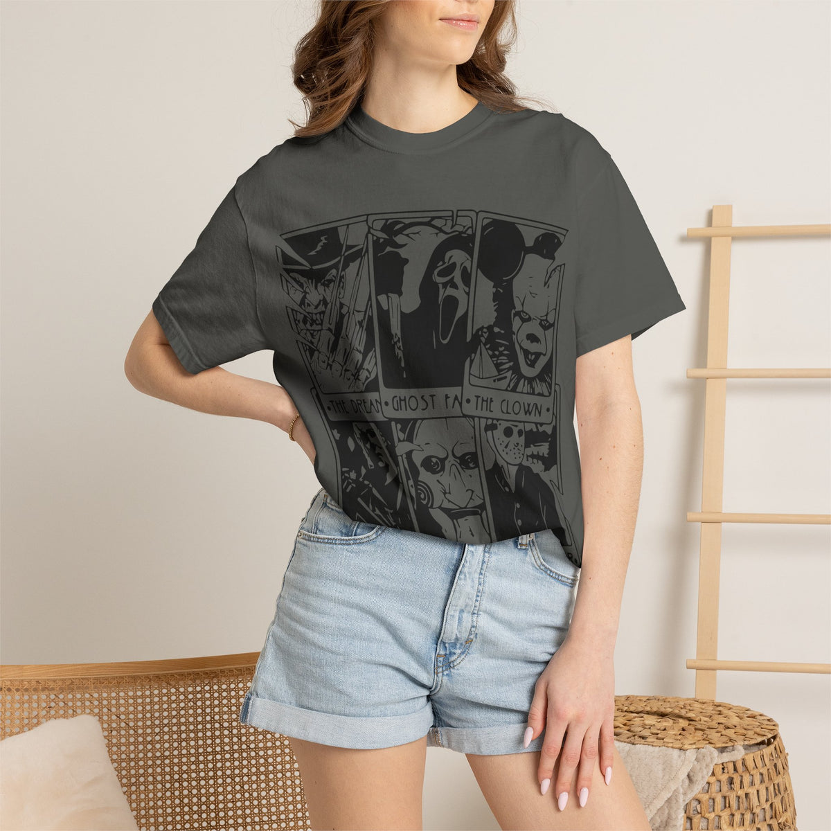Horror Comic Panel T-Shirt — "The Dream, Ghost, Clown, Slasher, Puppet, Camper" Graphic Tee