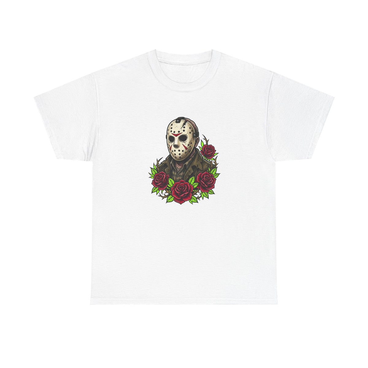 Horror Mask & Roses Tee — Jason-Inspired Skull Mask Graphic T-Shirt for Horror Fans