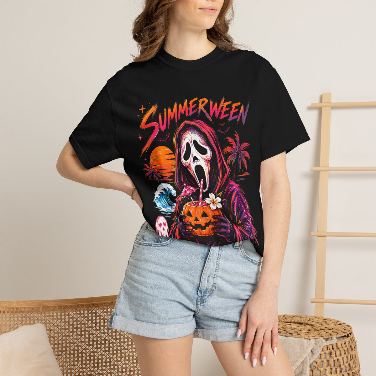 Summerween T-Shirt — Retro Horror Scream Mask Pumpkin Tee
