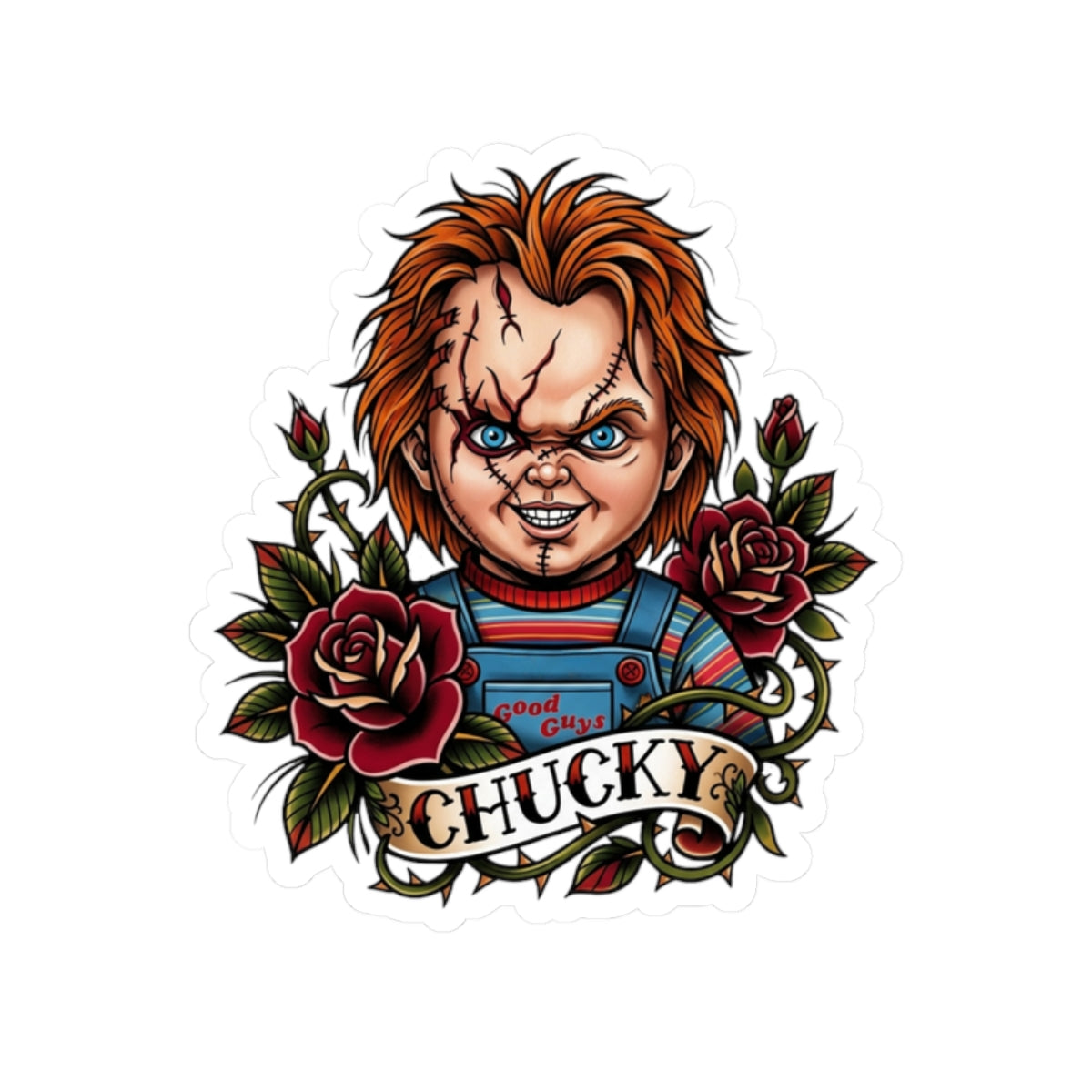 Chucky Horror Doll Kiss-Cut Sticker — Vintage Tattoo Style Decorative Decal