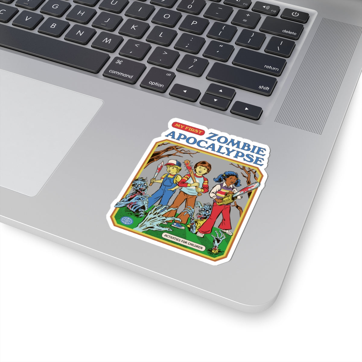 Kiss-Cut StickersProduct Type: StickerTitle: “My First Zombie Apocalypse” Kiss-Cut Sticker — Retro Kids’ Horror Book Cover Design