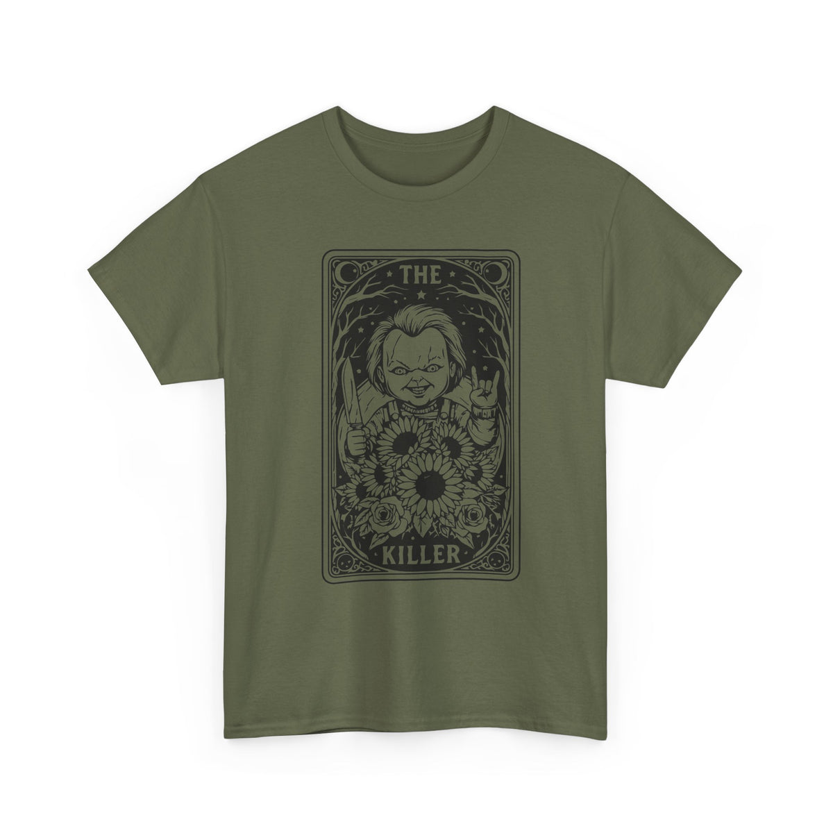 Killer Tarot Tee — Black & White Occult Sunflower Graphic T-Shirt