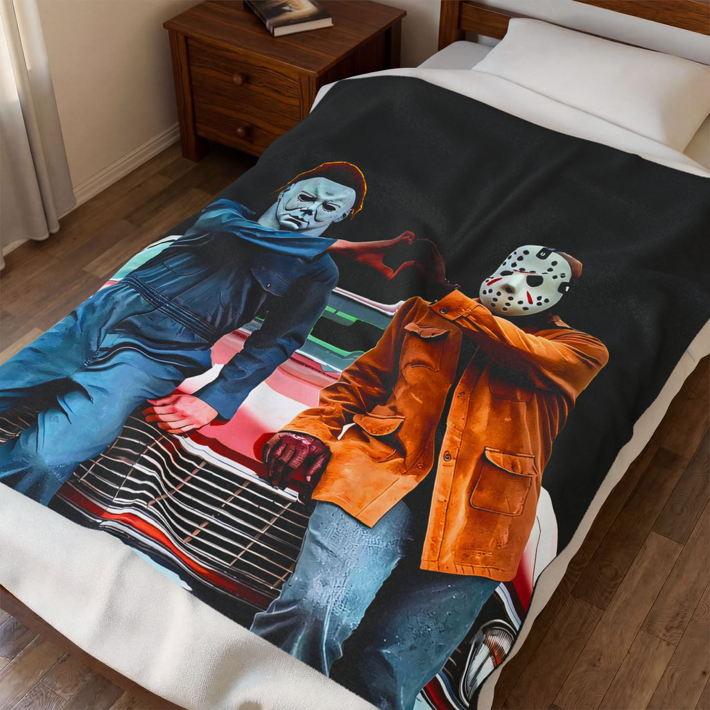 Horror Duo Velveteen Plush Blanket – Michael Myers & Jason Heart Pose Throw