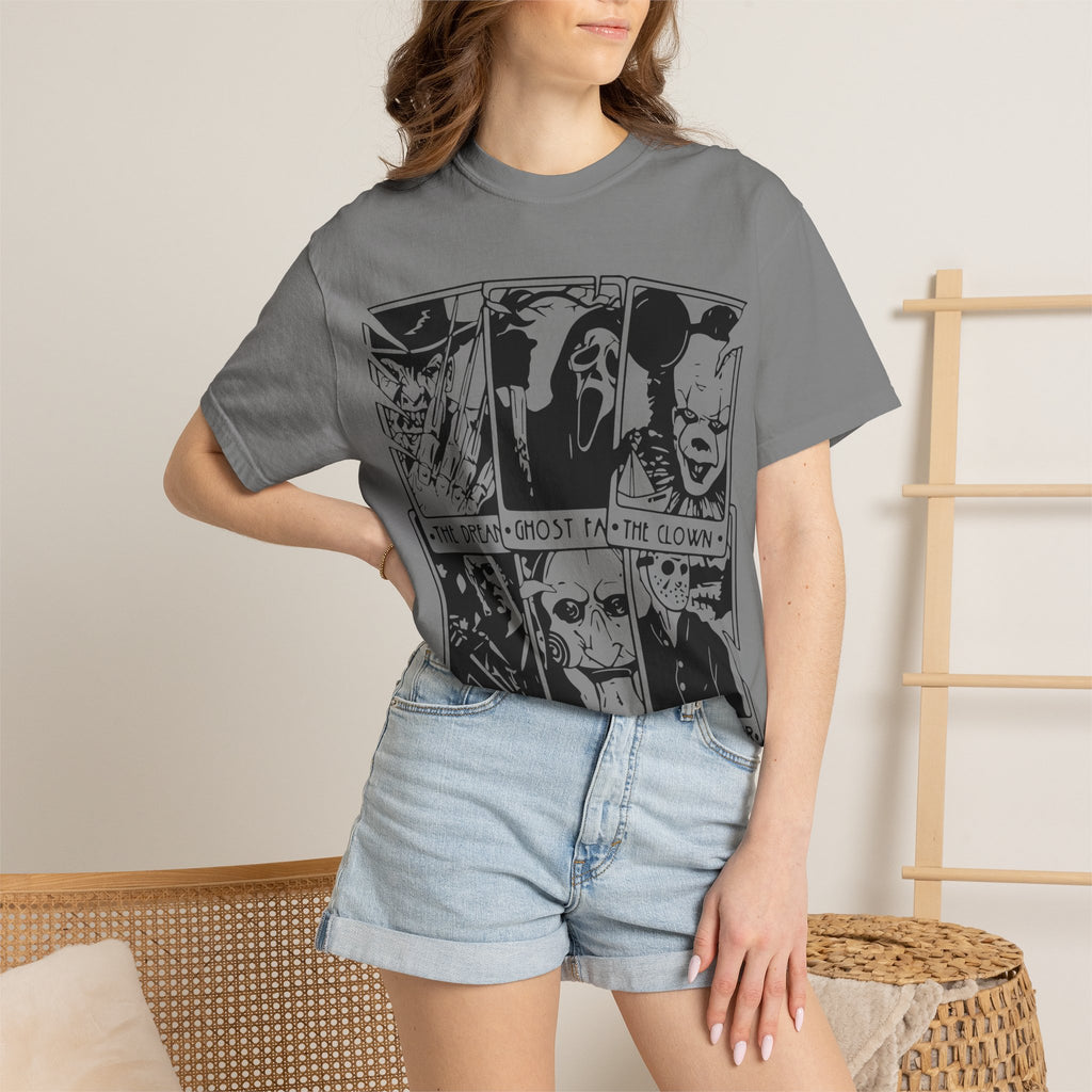 Horror Comic Panel T-Shirt — "The Dream, Ghost, Clown, Slasher, Puppet, Camper" Graphic Tee