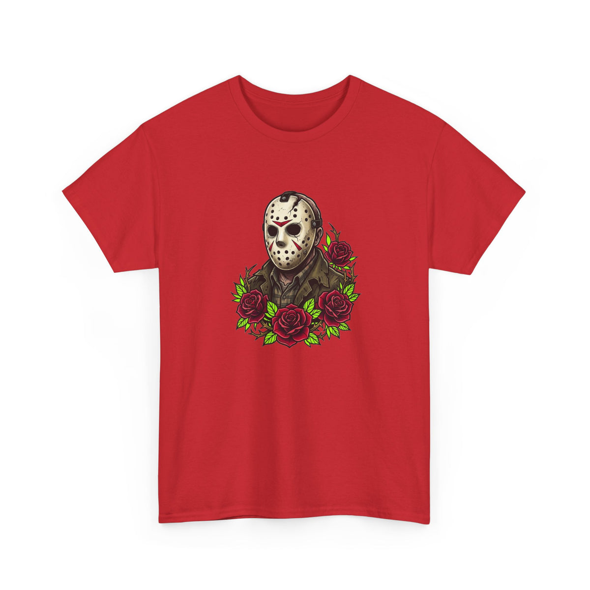 Horror Mask & Roses Tee — Jason-Inspired Skull Mask Graphic T-Shirt for Horror Fans