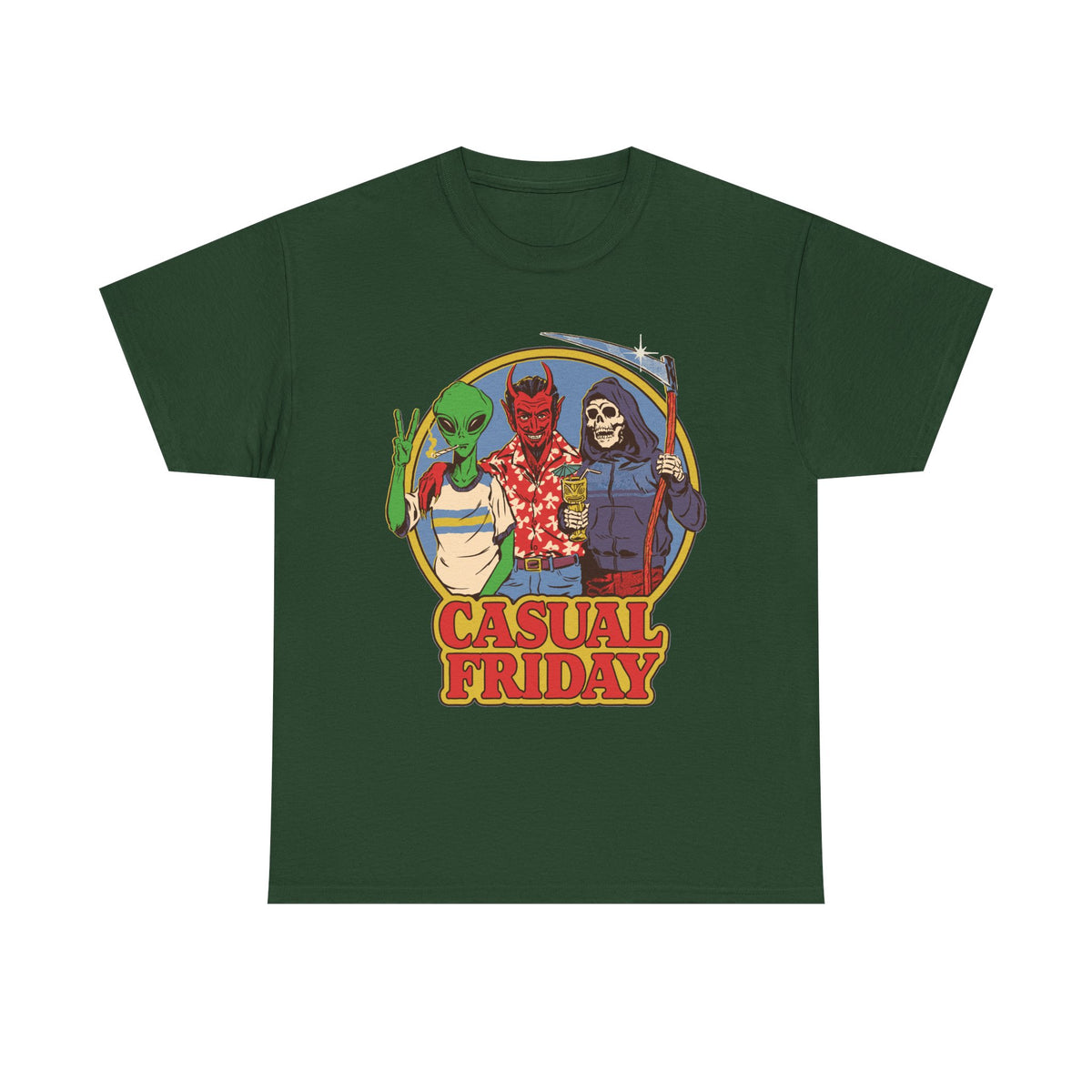 Casual Friday Tee — Alien, Devil & Grim Reaper Retro Graphic Shirt