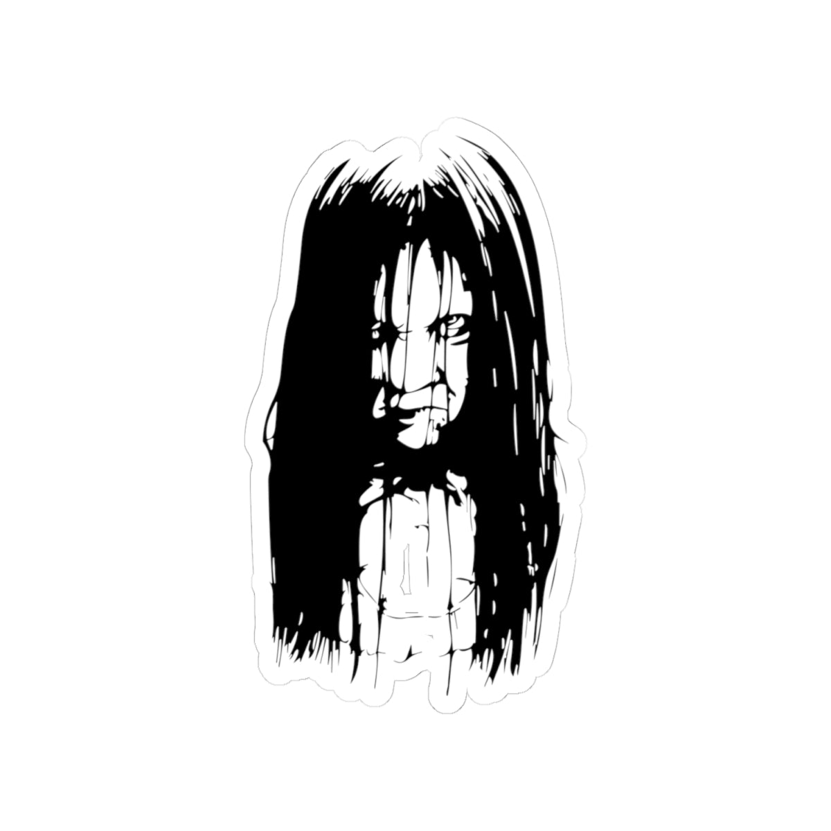 Creepy Girl Horror Sticker — Scary Black & White Kiss-Cut Decal for Laptops, Skateboards & Halloween