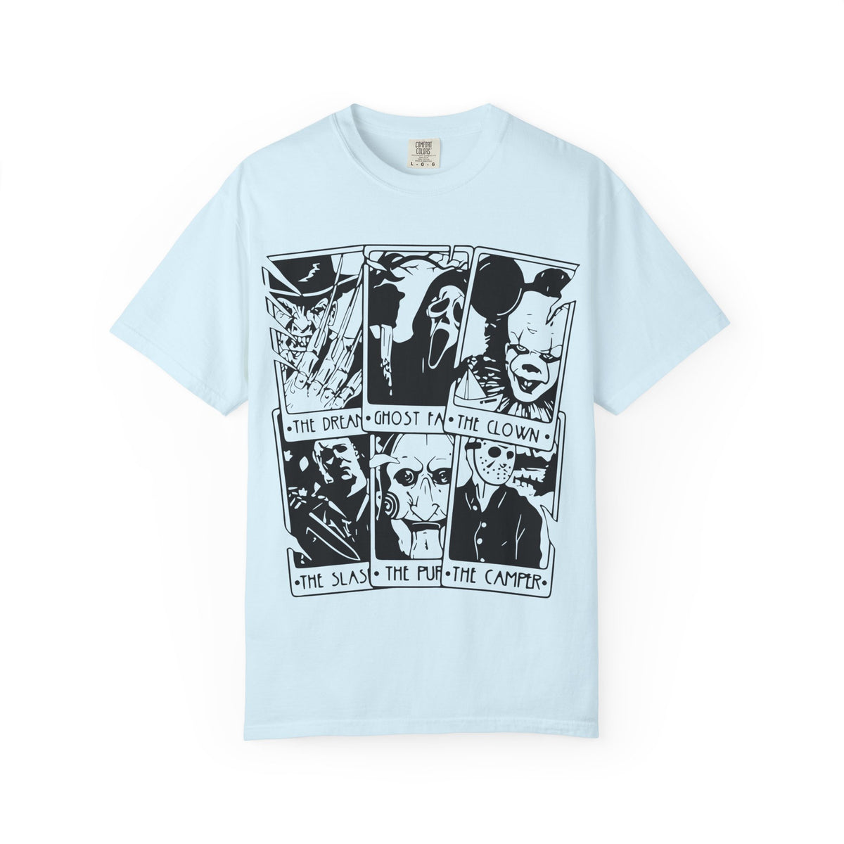 Horror Comic Panel T-Shirt — "The Dream, Ghost, Clown, Slasher, Puppet, Camper" Graphic Tee