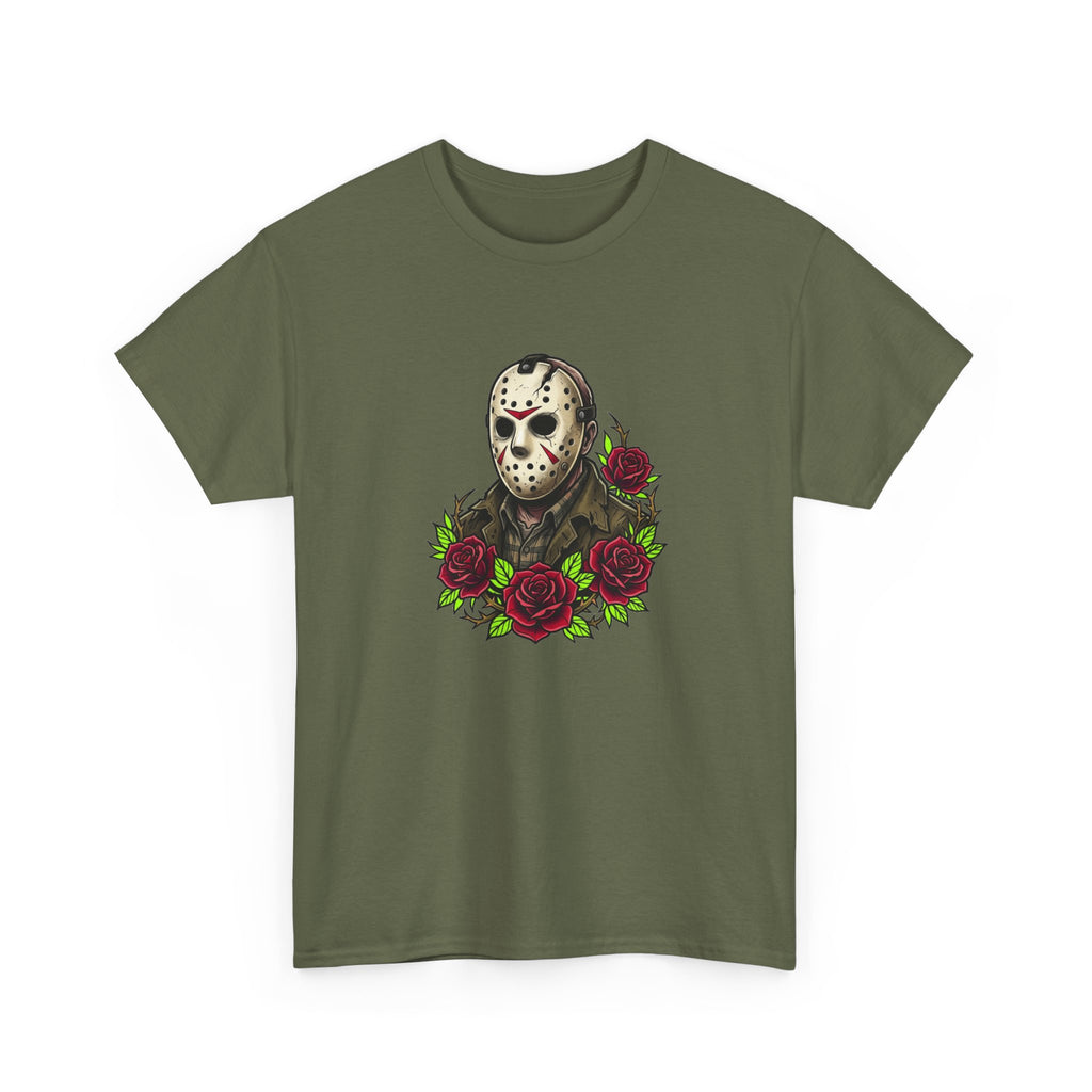 Horror Mask & Roses Tee — Jason-Inspired Skull Mask Graphic T-Shirt for Horror Fans