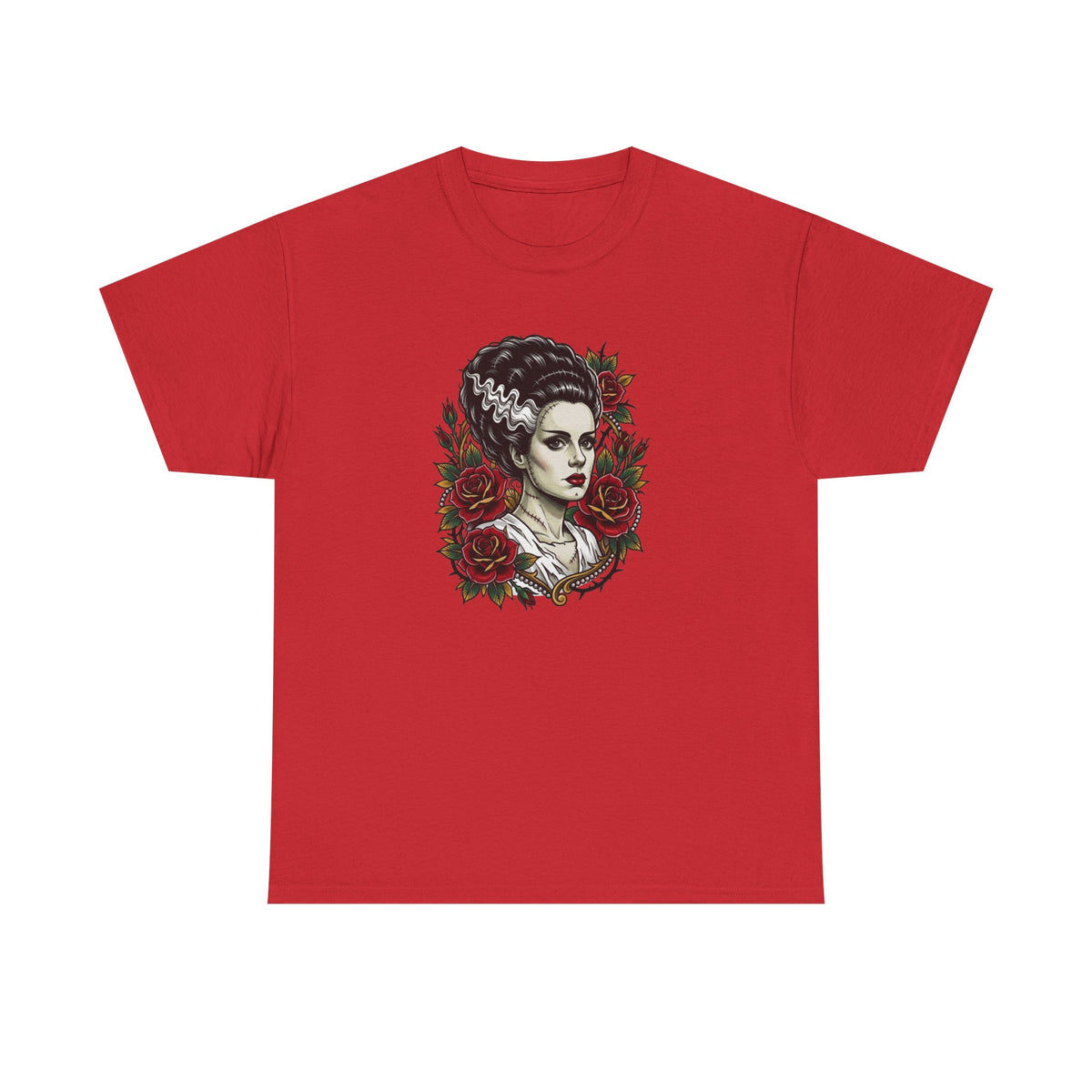 Bride of Frankenstein Tee — Gothic Portrait with Red Roses