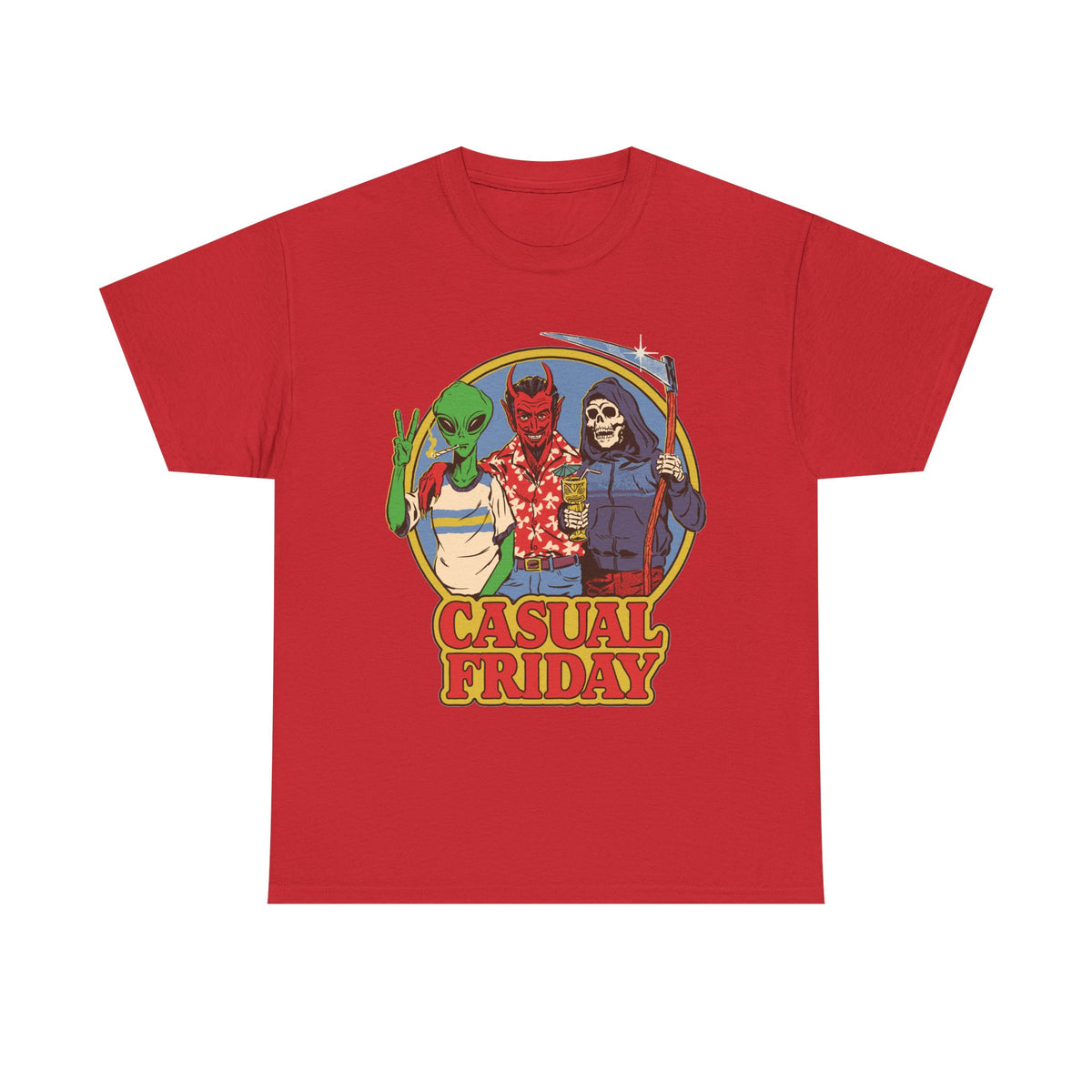 Casual Friday Tee — Alien, Devil & Grim Reaper Retro Graphic Shirt