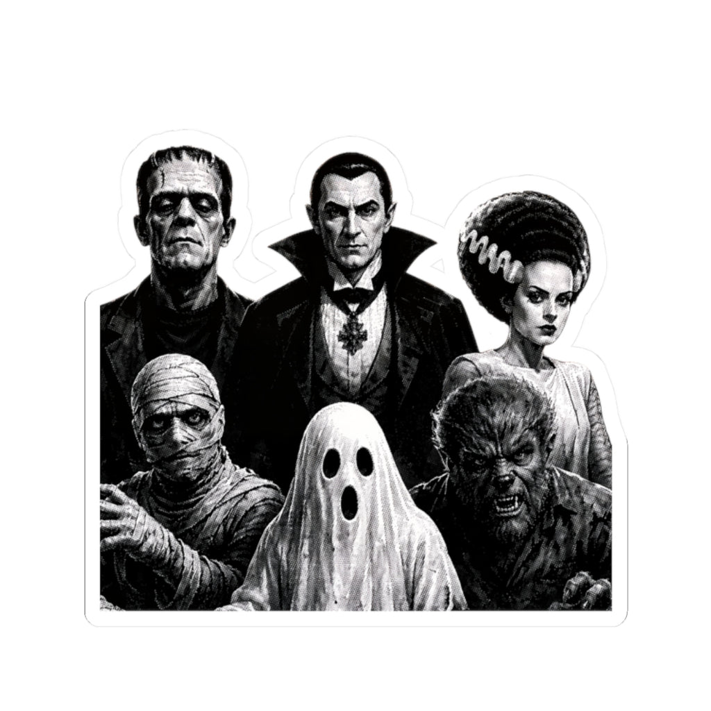 Classic Horror Monsters Kiss-Cut Sticker — Vintage Dracula, Frankenstein, Bride, Mummy & Wolfman Decal
