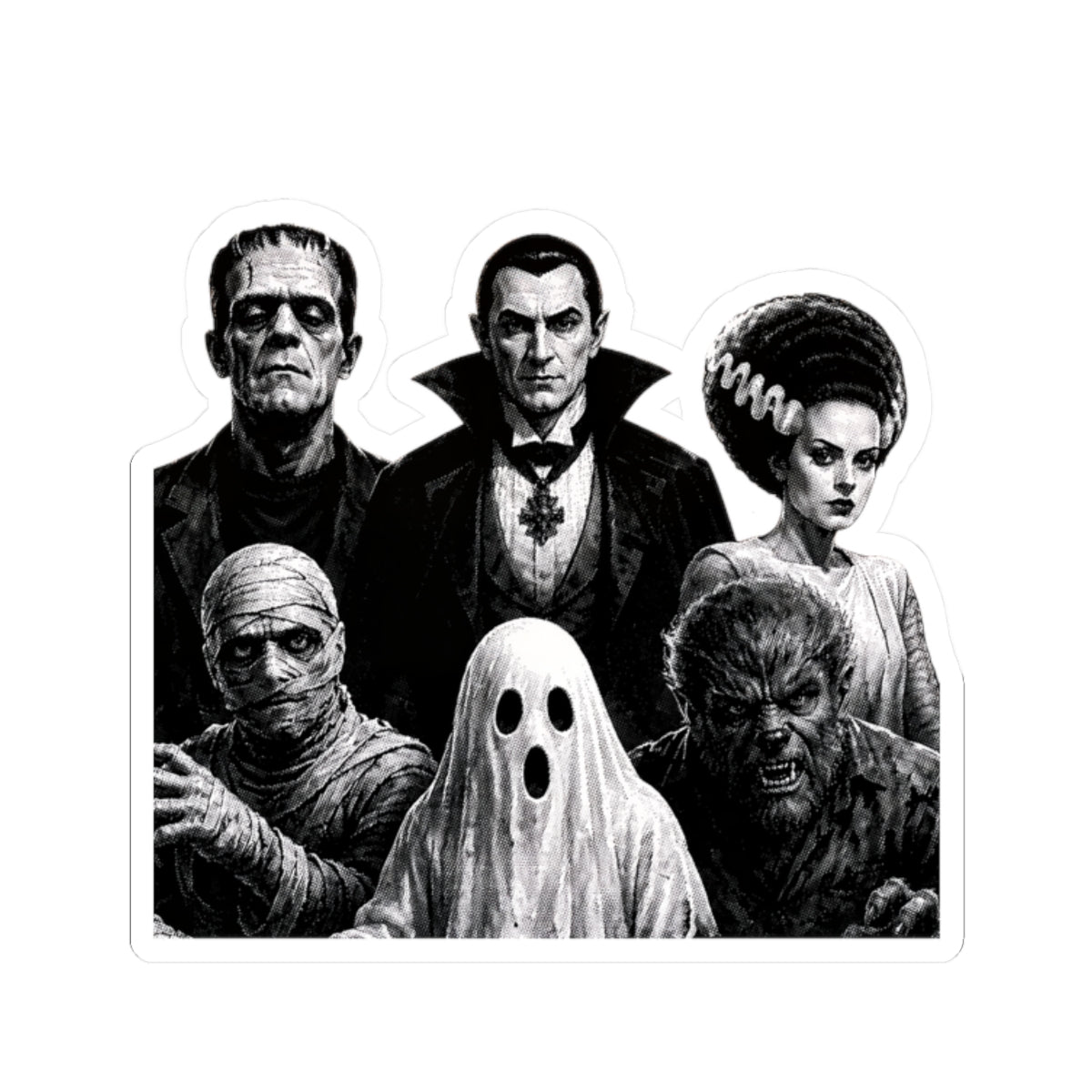 Classic Horror Monsters Kiss-Cut Sticker — Vintage Dracula, Frankenstein, Bride, Mummy & Wolfman Decal