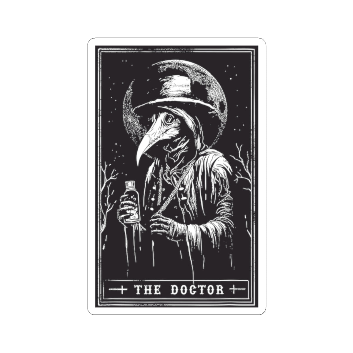 Plague Doctor Tarot-Style Kiss-Cut Sticker — Gothic Vintage Illustration