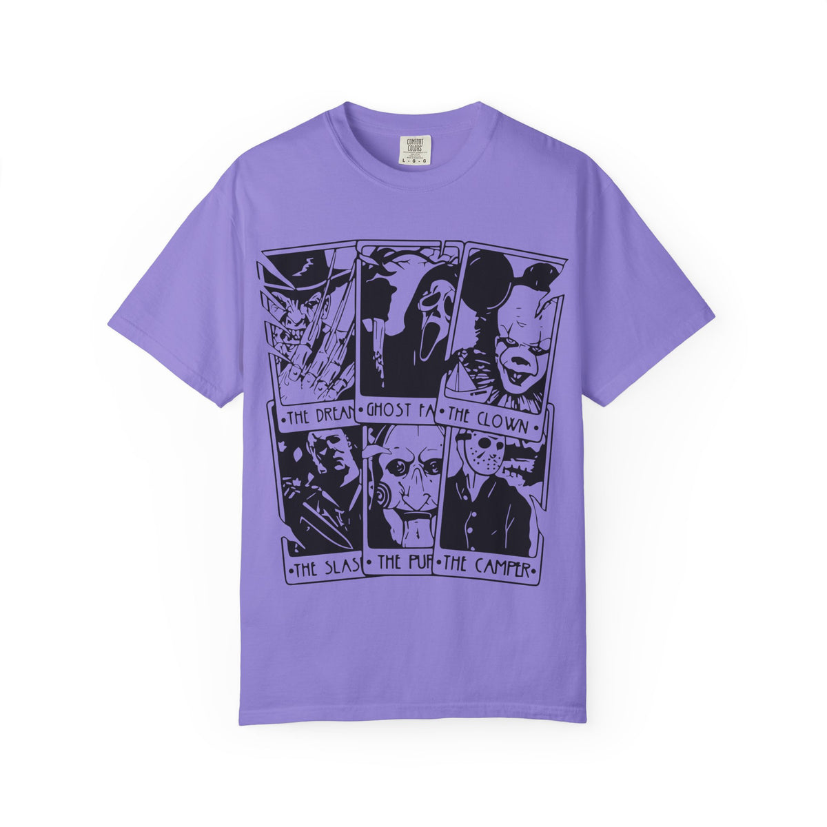 Horror Comic Panel T-Shirt — "The Dream, Ghost, Clown, Slasher, Puppet, Camper" Graphic Tee
