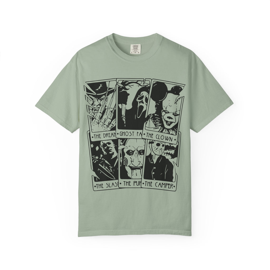 Horror Comic Panel T-Shirt — "The Dream, Ghost, Clown, Slasher, Puppet, Camper" Graphic Tee