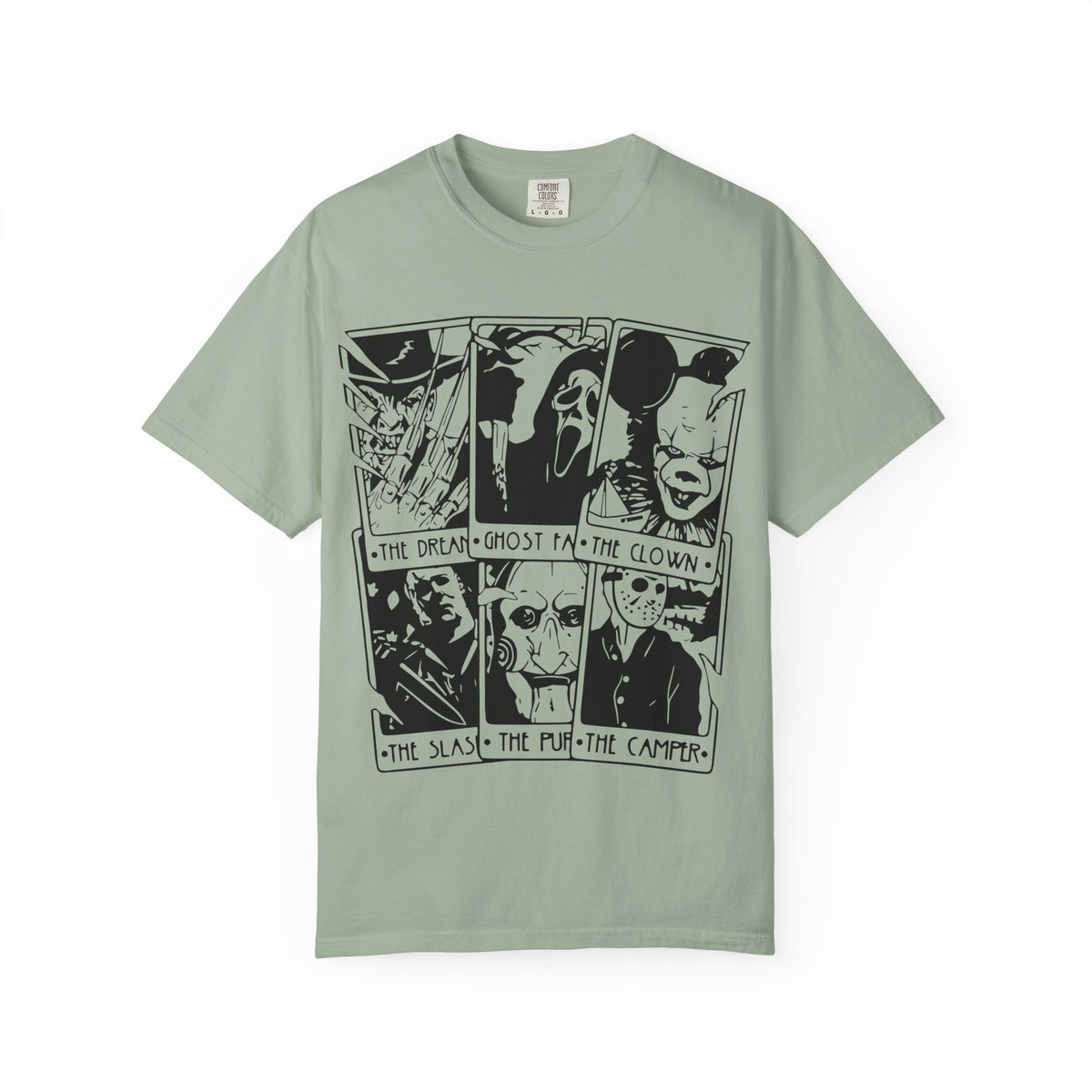 Horror Comic Panel T-Shirt — "The Dream, Ghost, Clown, Slasher, Puppet, Camper" Graphic Tee