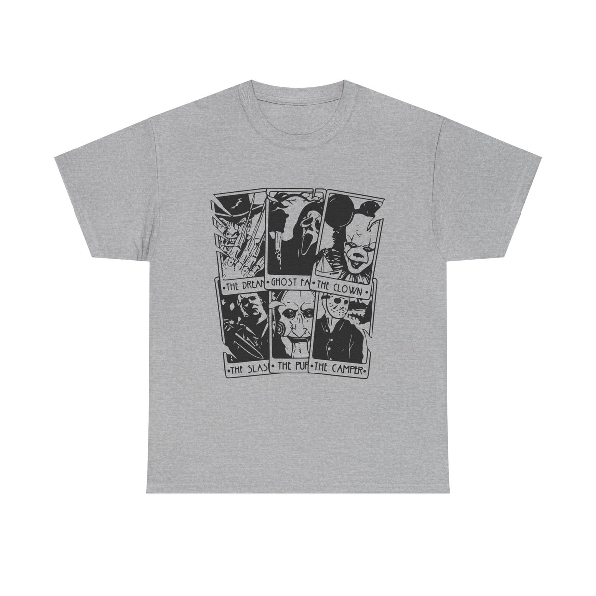 Horror Comic Panel T-Shirt — Ghost, Clown & Skull Graphic Tee