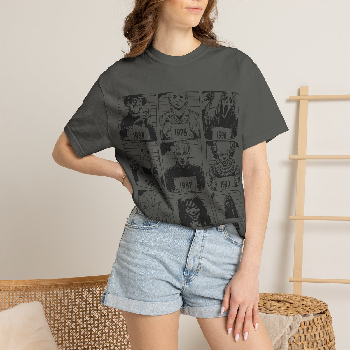 Horror Manga Years Grid T-Shirt — Vintage Anime Faces 1973–2002