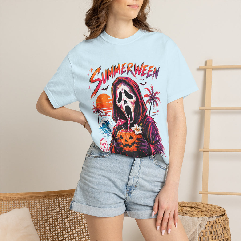 Summerween T-Shirt — Retro Horror Scream Mask Pumpkin Tee
