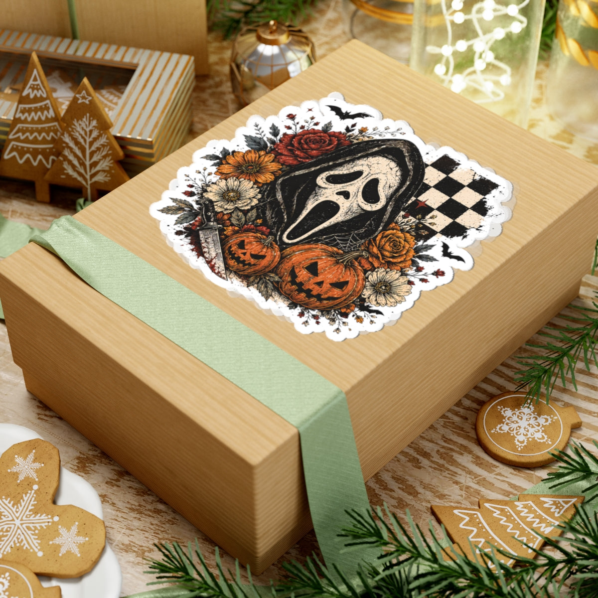 Halloween Scream Mask Kiss-Cut Sticker – Spooky Pumpkins & Roses