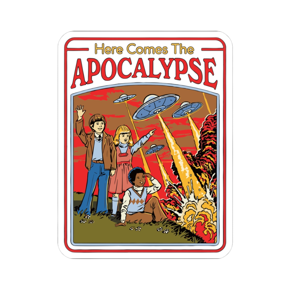 Here Comes the Apocalypse Sticker — Retro UFO & Explosion Kiss-Cut Decal