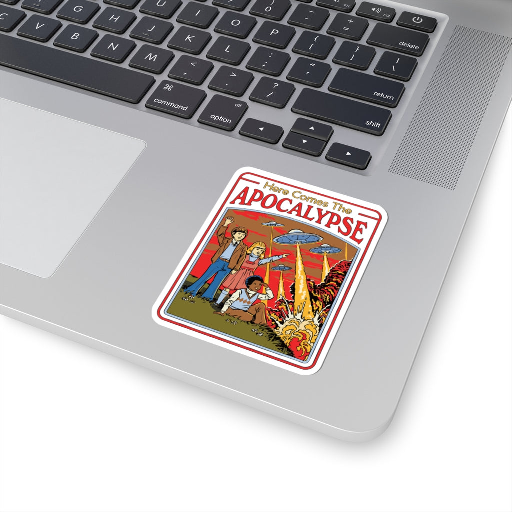 Here Comes the Apocalypse Sticker — Retro UFO & Explosion Kiss-Cut Decal