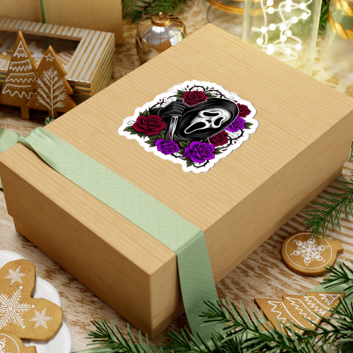 Sticker — Scream Mask Knife with Red & Purple Roses Kiss-Cut Sticker