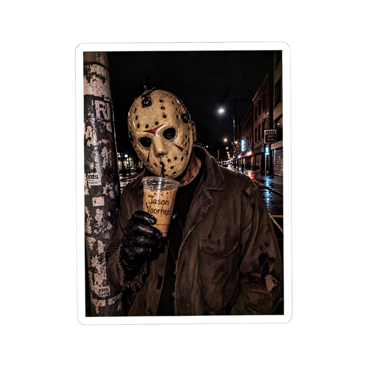 Horror Jason Mask Sticker — Retro Night Street Jason Voorhees Art Kiss-Cut Sticker