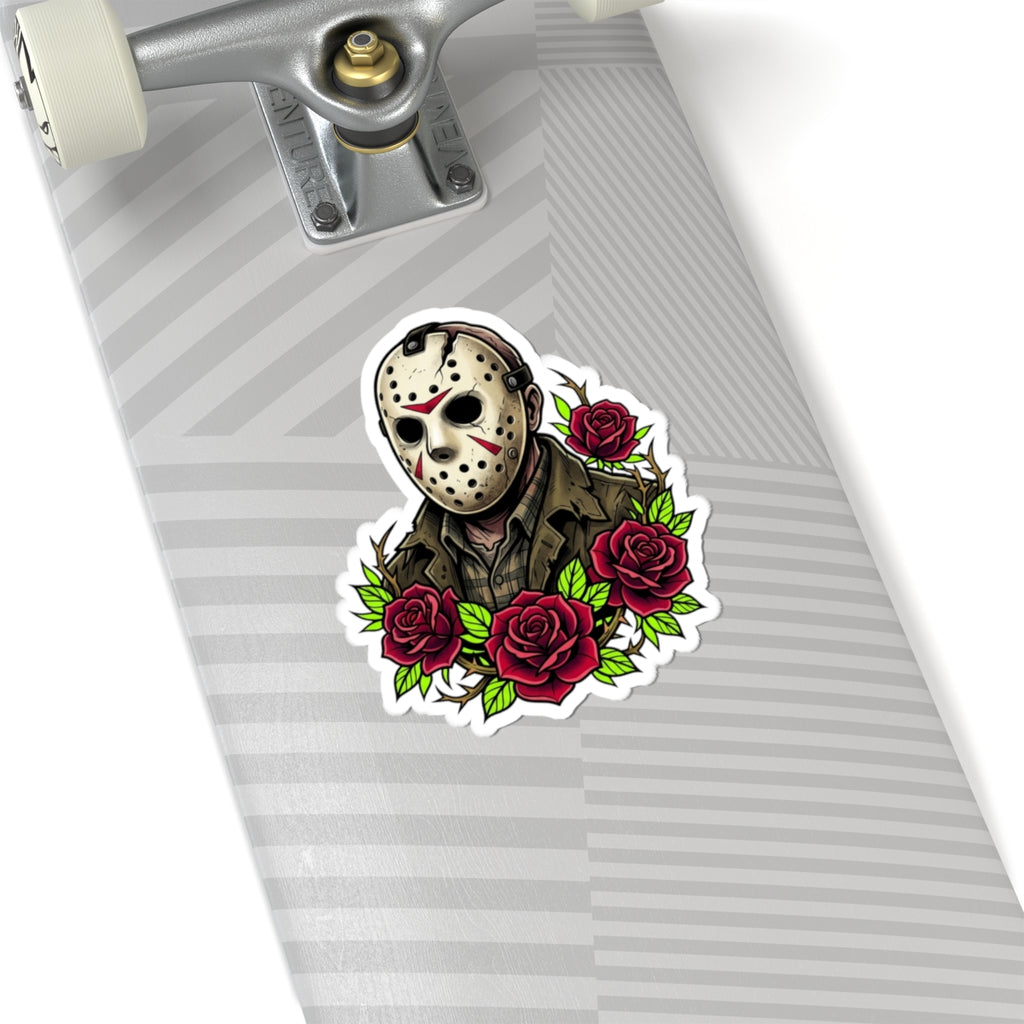Horror Mask Sticker — Jason Mask with Red Roses Kiss-Cut Sticker