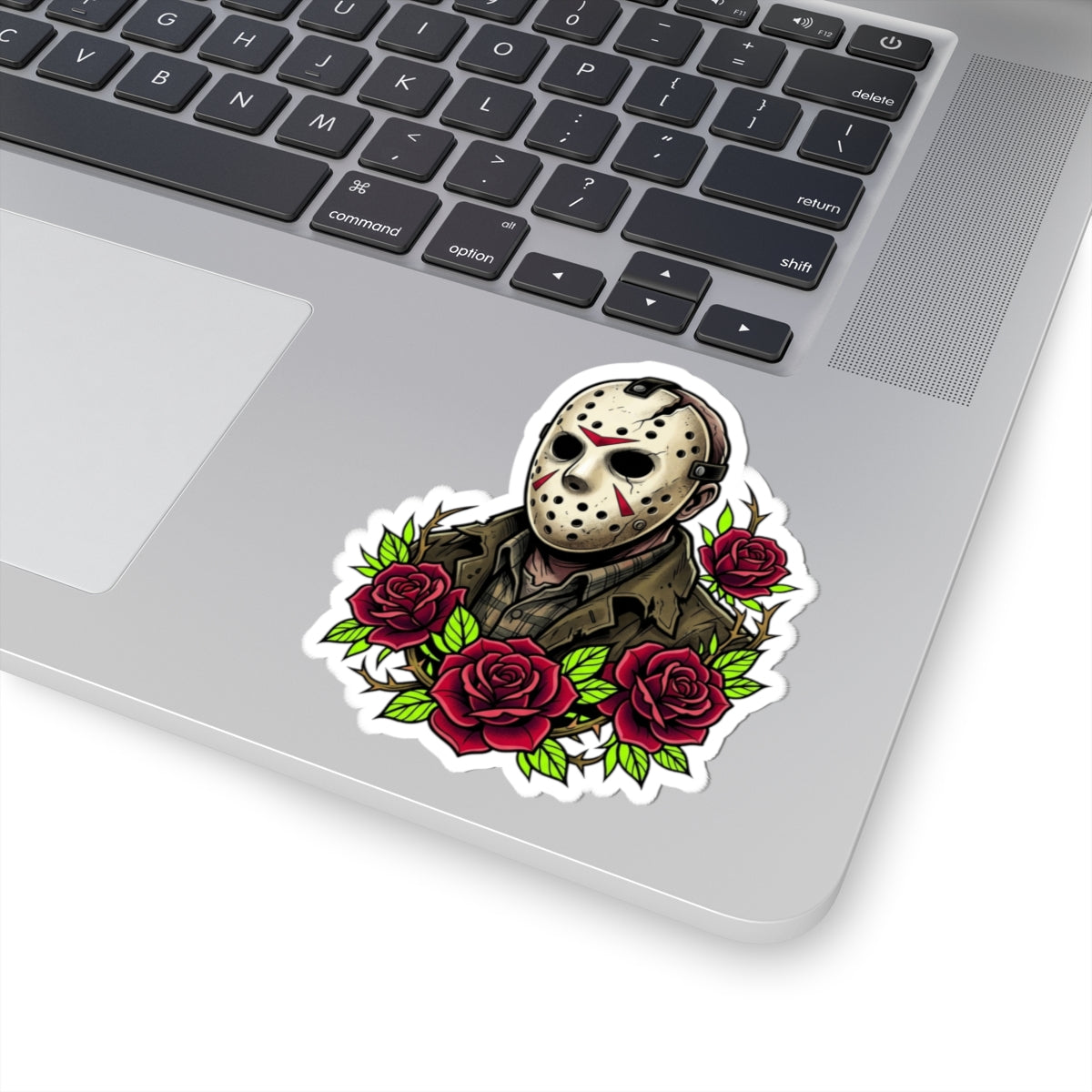 Horror Mask Sticker — Jason Mask with Red Roses Kiss-Cut Sticker